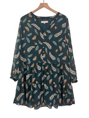 LOFT Long Sleeve Green Chiffon Feather Print Drop Waist Dress Size  Medium